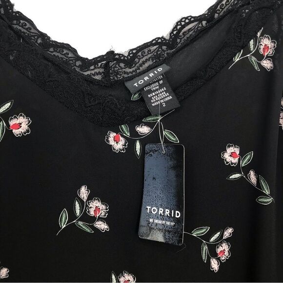 Torrid Black Floral Print Georgette Flowy Lace Trim Cami Tank Top - Picture 6 of 16